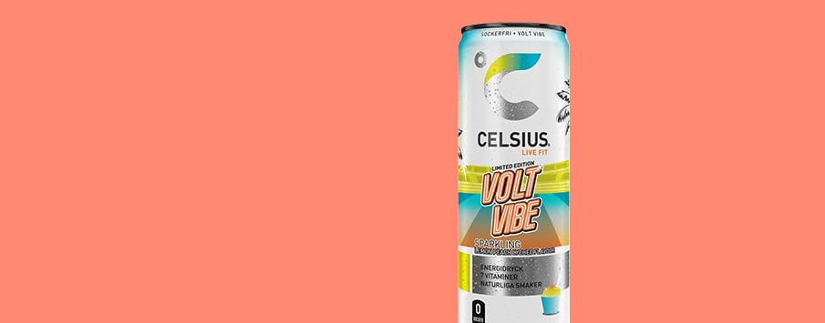 Celsius -10%. En ny, fr&auml;sch smak fr&aring;n Celsius Volt Vibe med inslag av lemon, peach och lychee